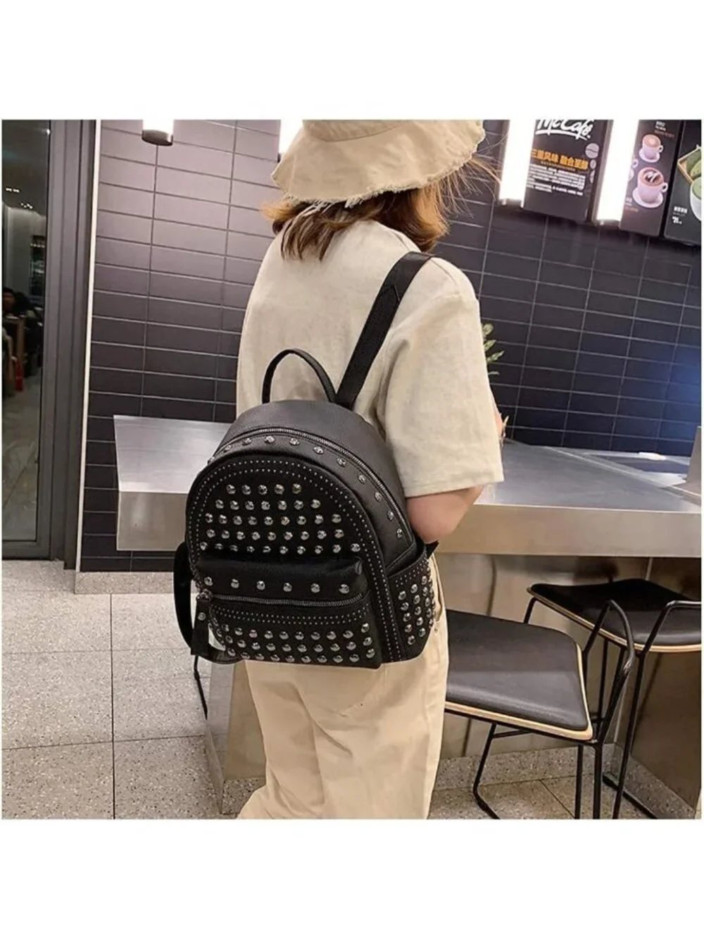 Stylish Black Faux Leather Studded Motorcycle Biker Backpack Purse - Gothic